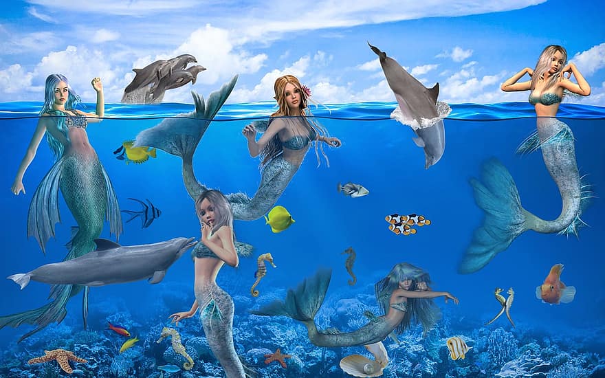 fantasi, mermaids, mystisk, sagor, fantasi bild, fotomontage, under vattnet, bakgrund, simma, sjöjungfru
