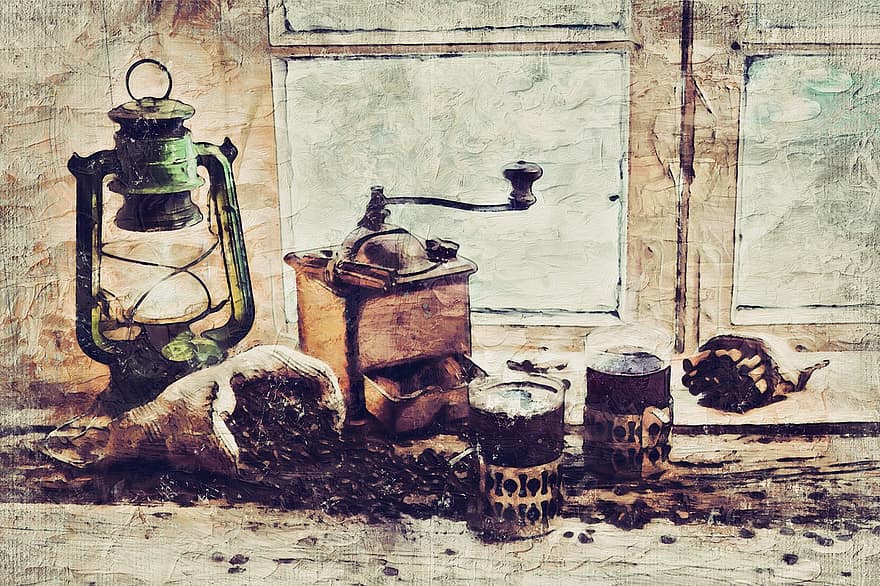 Vintage ▾, lanterna, luce, finestra, caffè, tazza, bicchiere, fagioli, macinino, Legno da interni, di legno