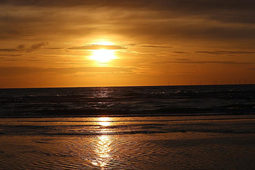 platja, a l'aire lliure, posta de sol, vespre, destinació, Països Baixos, Mar del nord, llum solar, sol, sortida del sol, alba