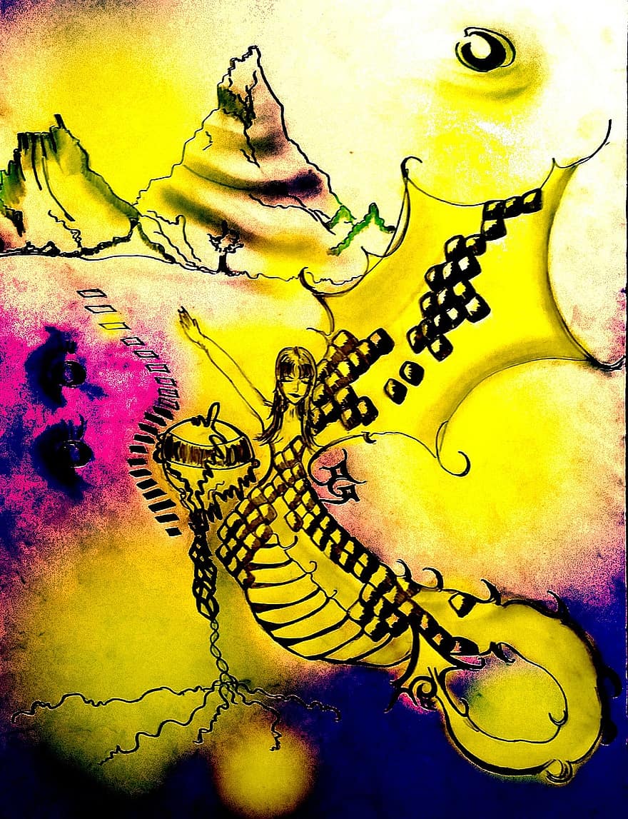 Dance, Dragon, A Fairy Tale, Painting, Yellow, Pink, Figure