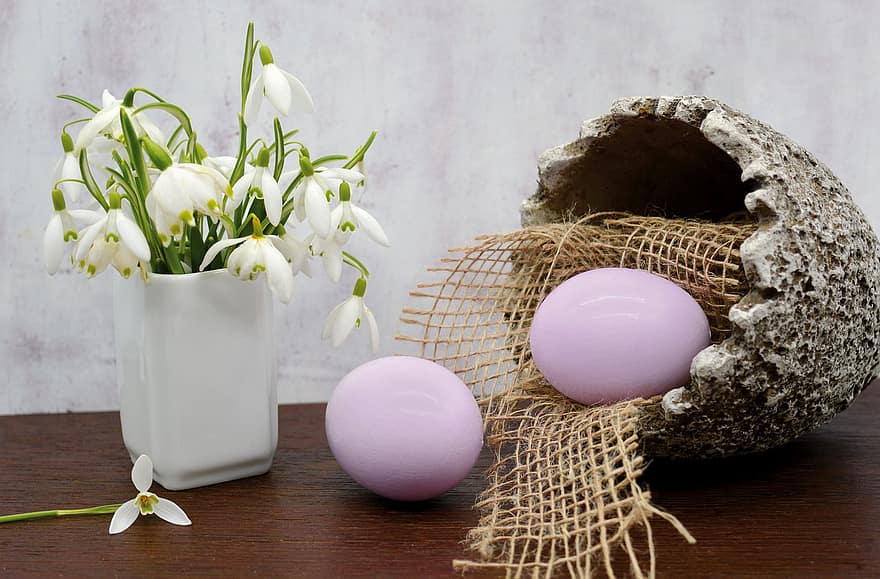 Pâques, des œufs, perce neige, fleurs, nid, vase, printemps, thème de Pâques, les fleurs, signes du printemps, vacances
