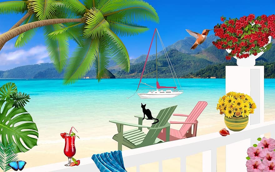 pobřeží, letní, židle, květiny, plachetnice, Černá kočka, letní květiny, balkón, veranda, relaxace, klid