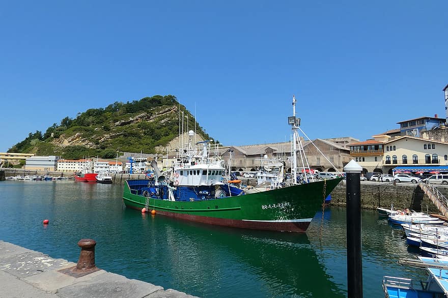 ボート、港、旅行、観光、バスク、航海船、水、夏、海岸線、青、商業ドック