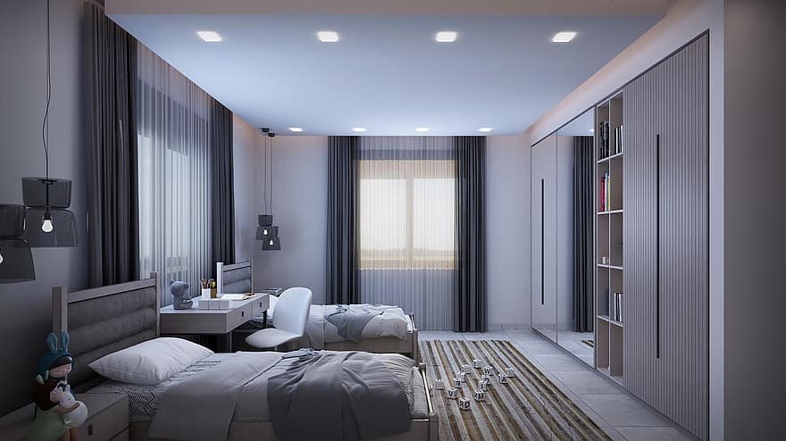 침실, 인테리어 디자인, 아파트, 실내, 침대