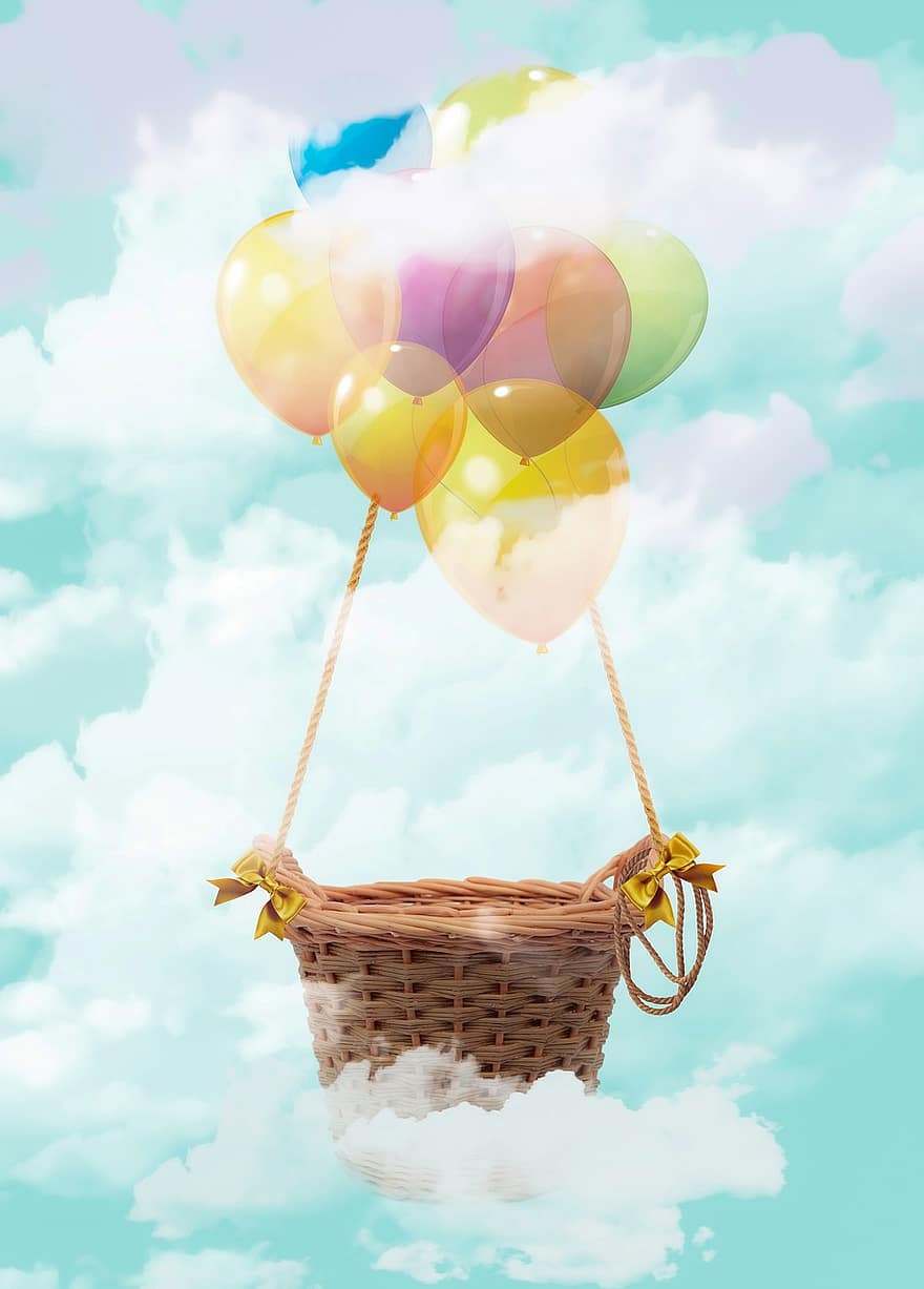 hőlégballon, ég, digitális háttér, baba, játékos, háttér, léggömbök, felhők, kosár, ünnepies, úszó