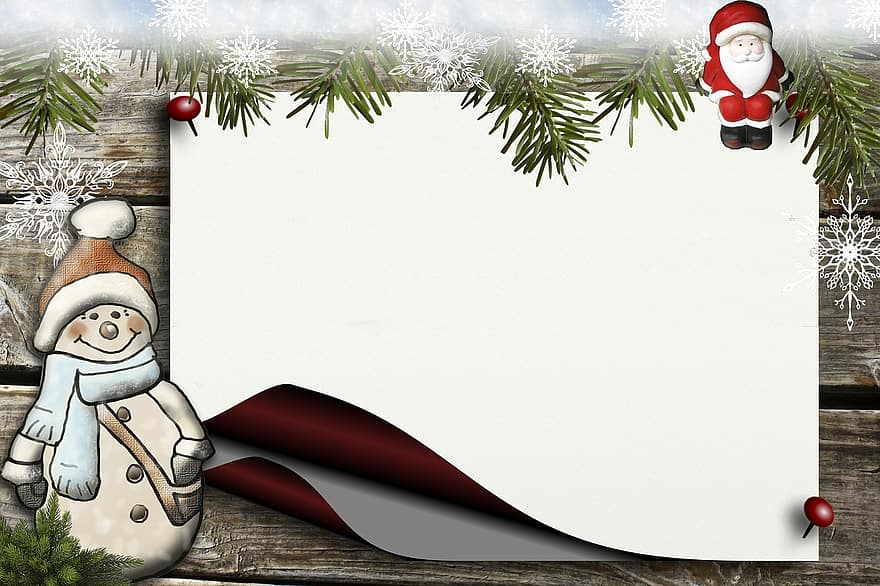 quadro de avisos, azevinho, Boneco de neve papai noel, papel, fundo, Natal, dia de Ano Novo, floco de neve, madeira, crianças