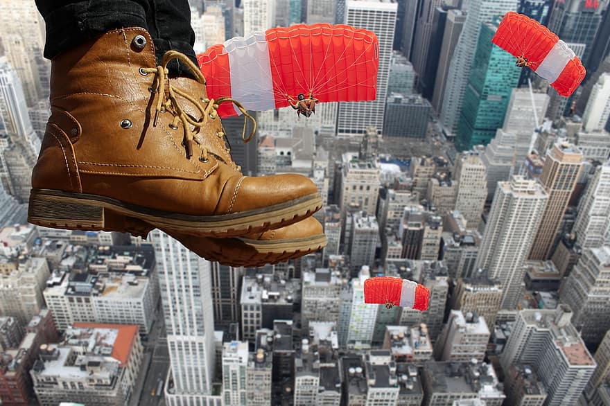 Нью-Йорк, затяжные прыжки с парашютом, небоскреб, Америка, небоскребы, метрополия, большой город, Посмотреть