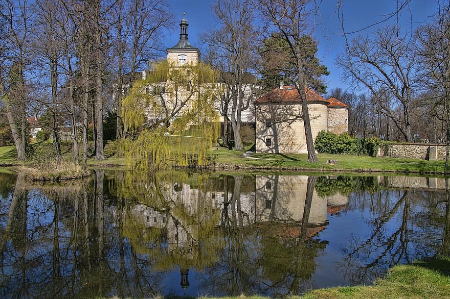 castelo, historicamente, Primavera, parque, reflexão, agua, espelhamento, cristandade, arquitetura, lugar famoso, religião