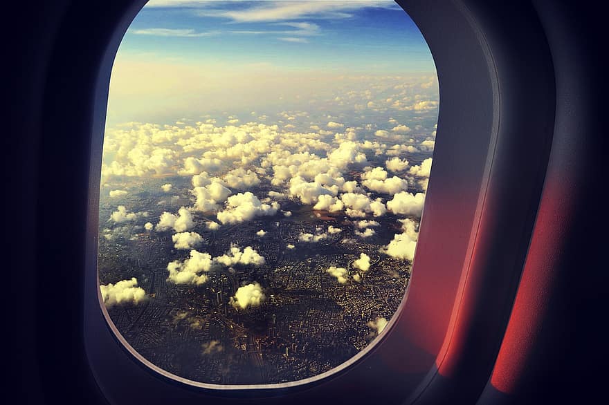 okno, letadlo, mraky, nebe, západ slunce