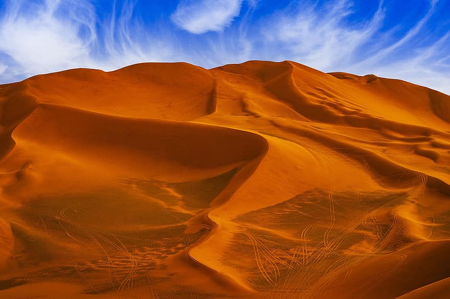 terra, cielo blu, nuvola bianca, deserto, sabbia, duna di sabbia, paesaggio, asciutto, terreno estremo, calore, temperatura