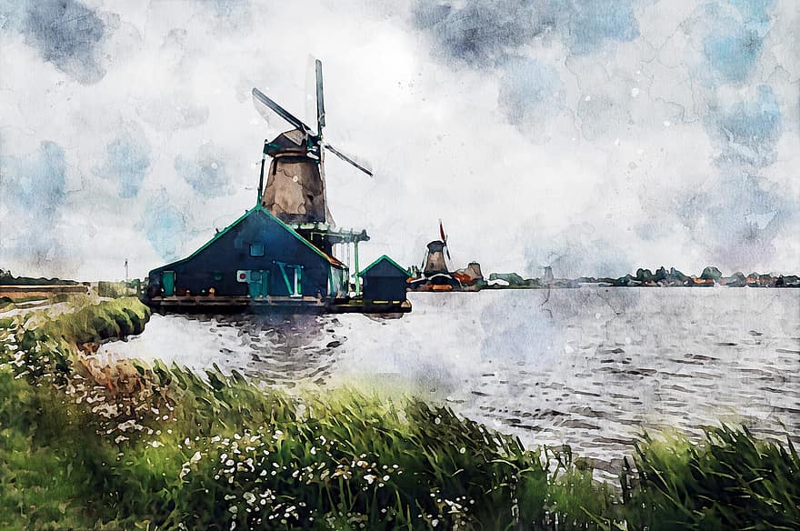 vėjo malūnai, ežeras, akvarelė, vanduo, pobūdį, kraštovaizdį, tapyba, akvarelės tapyba, skaitmeninė tapyba, Nyderlandai