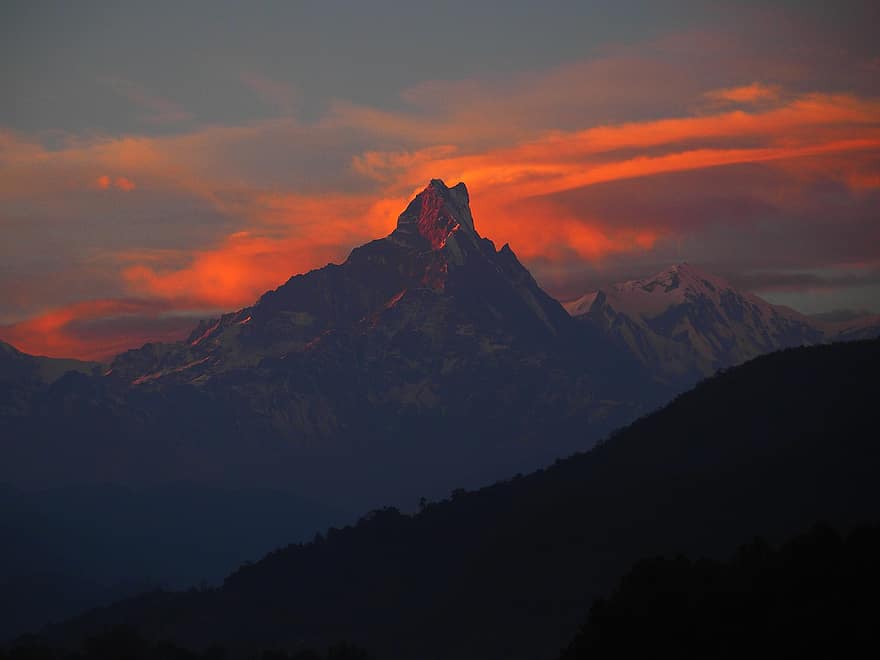 muntanya, Mt Machhapuchhre, cua de peix, nepal, posta de sol, cim de muntanya, paisatge, vespre, núvol, cel, sortida del sol