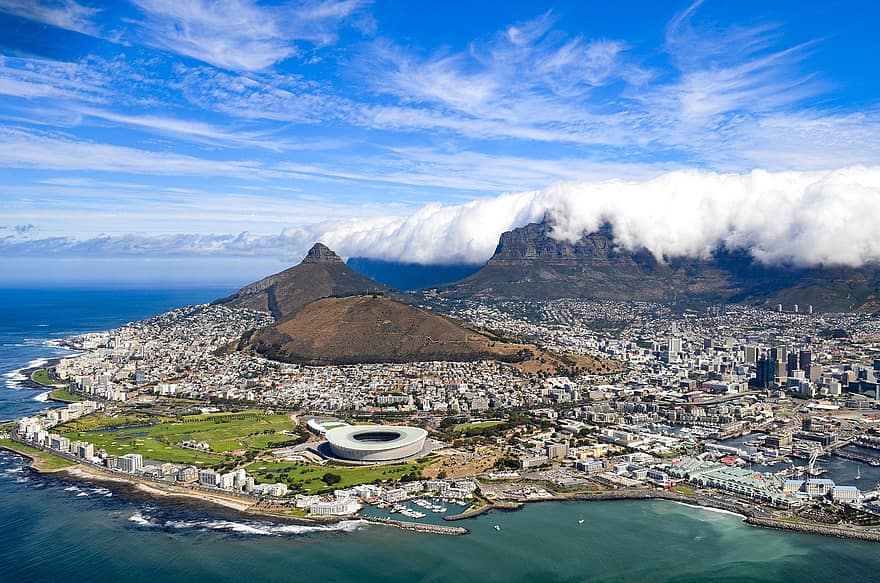 планинска маса, Кейп Таун, Южна Африка, изглед от въздуха, град, лъвска глава
