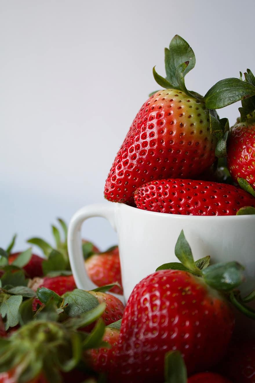 jordbær, frukt, kopp, mat, bær, organisk, naturlig, spiselig, produsere, moden, krus