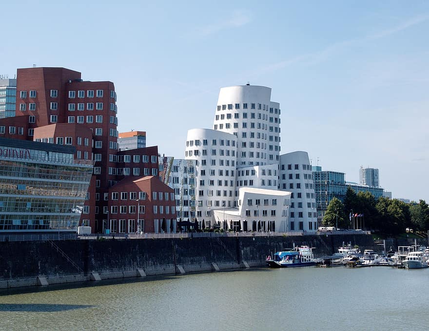 város, utazás, épületek, idegenforgalom, Düsseldorf, kikötő
