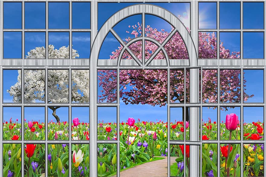 Natura, krajobraz, ogród, wiosna, pora roku, kwiaty, tulipany, żonkile, osterglocken, krokus, magnolia