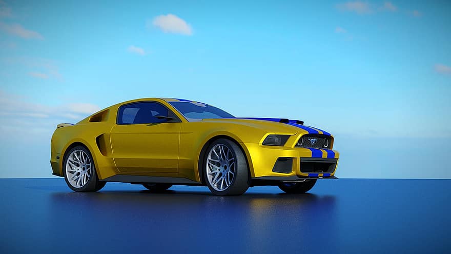 Ford Mustang, auto, doorwaadbare plaats, sportwagen, auto-, voertuig, 3d render, snelheid, vervoer, landvoertuig, wijze van transport