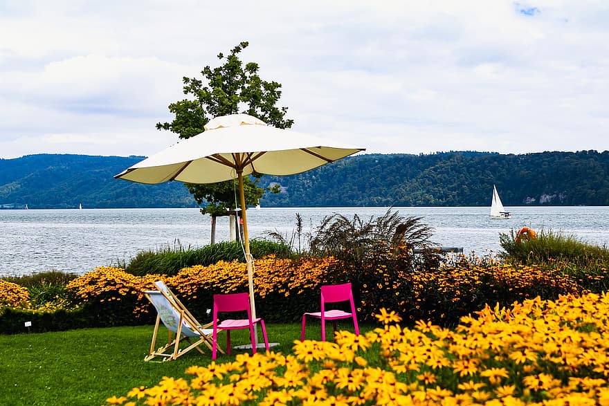 lake constance, regionalt hageshow, innsjø, stoler, paraply, blomster, planter, sommer, hage, parkere