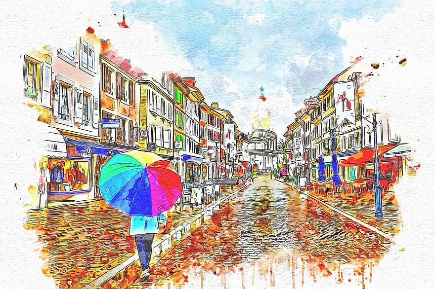 gade, paraply, alene, kunst, akvarel, by, natur, årgang, farverig, kunstnerisk, design
