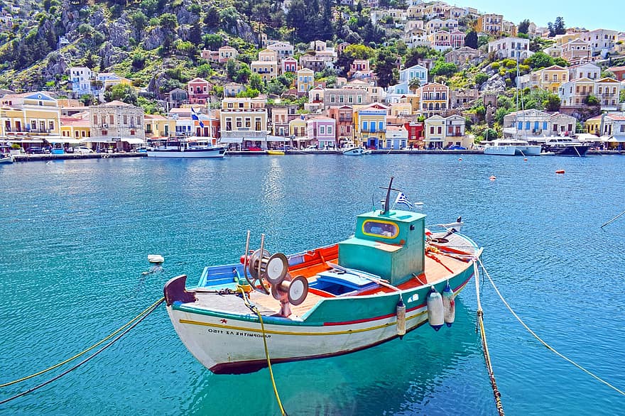 tenger, város, Görögország, Symi, kikötő, óceán, hajó, víz, tengerpart, utazás, nyári