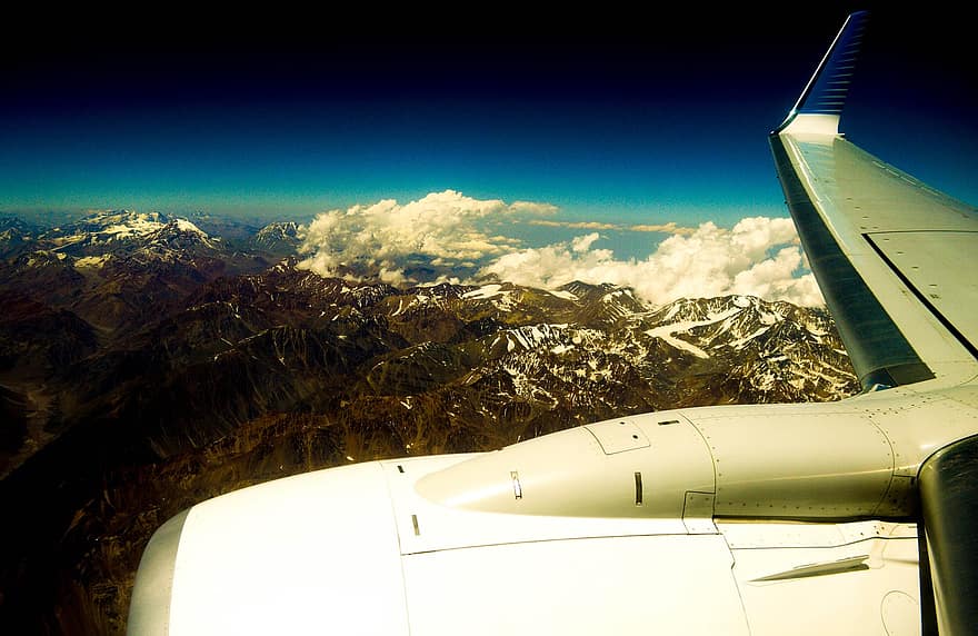 планинска верига, Andes, самолет, авиация, въздухоплавателно средство, летене, планина, изглед от въздуха, крило на самолети, пътуване, търговски самолет