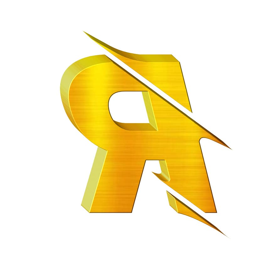 R Auksinis, R Auksinė abėcėlė, R Auksinė raidė, Auksinė raidė, logotipas, abėcėlė, simbolis, iliustracija, ženklas, geltona, figūra