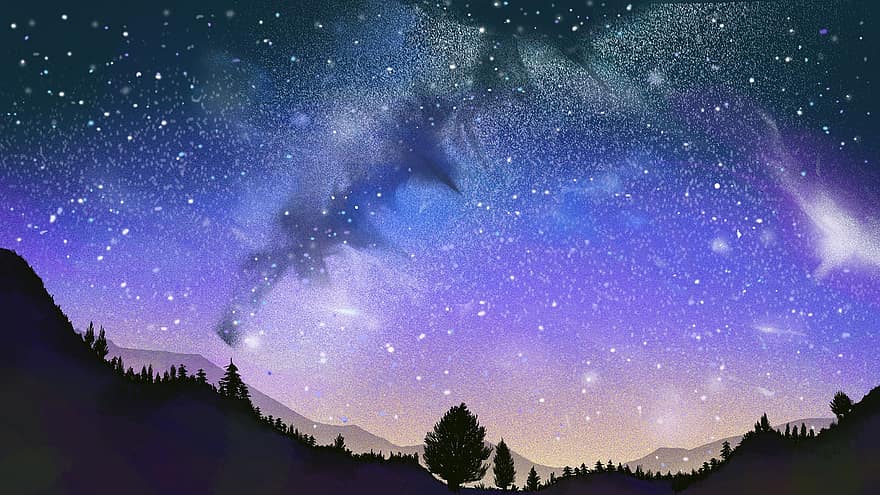звездное небо, ночное небо, звезды, пейзаж, лес, картина, ночь, Млечный Путь, звезда, пространство, галактика