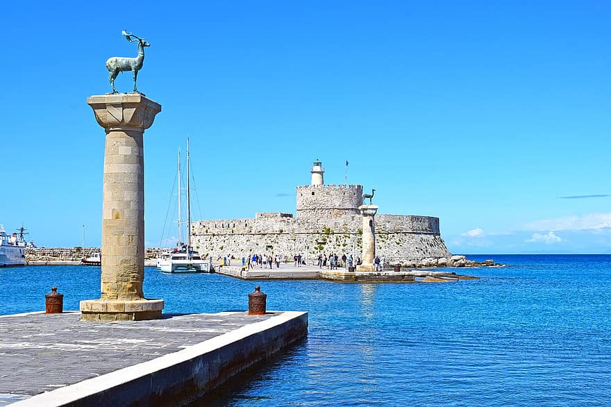 замък, елени, скулптура, архитектура, кула, фар, море, порт, Родос, известното място, пътуване