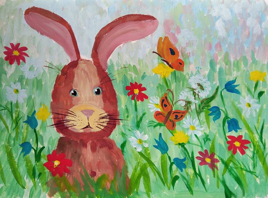 Conejo, dibujo de un niño, prado, las flores, mariposas, historia, conejito, gouache, arte ingenuo, claro, animales