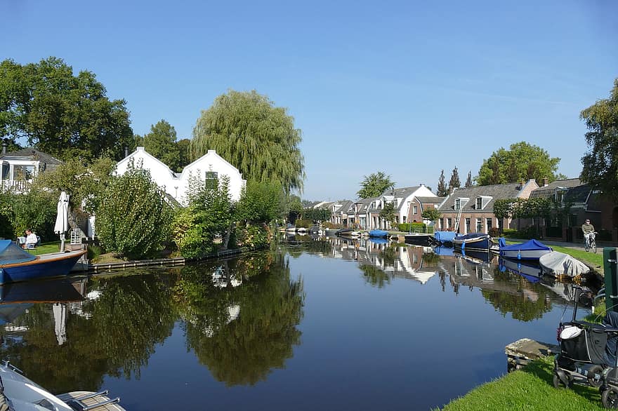 Abcoude, by, flod, landskap, nederländerna, levande, hus