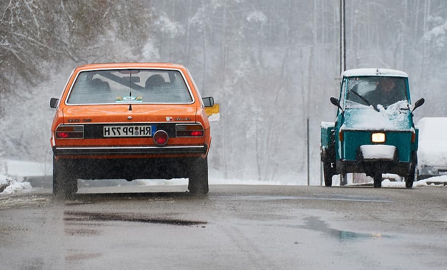 автомобили, автомобил, Audi, оранжев, тюркоаз, зима, сняг, път, плосък, транспорт, скутер