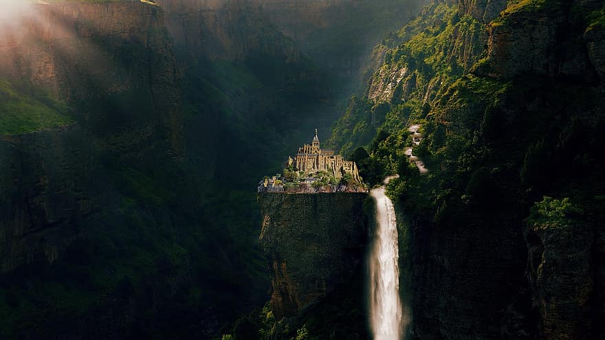 kasteel, waterval, berg-, sprookje, natuur, landschap, mystiek bos, mont saint michel, Christendom, Bekende plek, architectuur