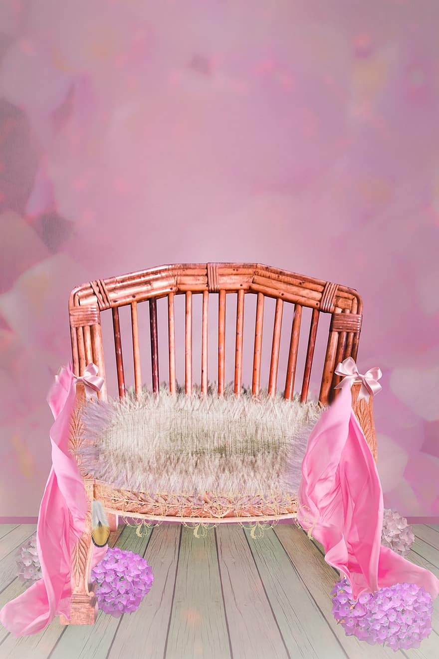 cadira, llit, nen, nadó, nens, fons digital, fons, rosa, color rosa, fusta, decoració