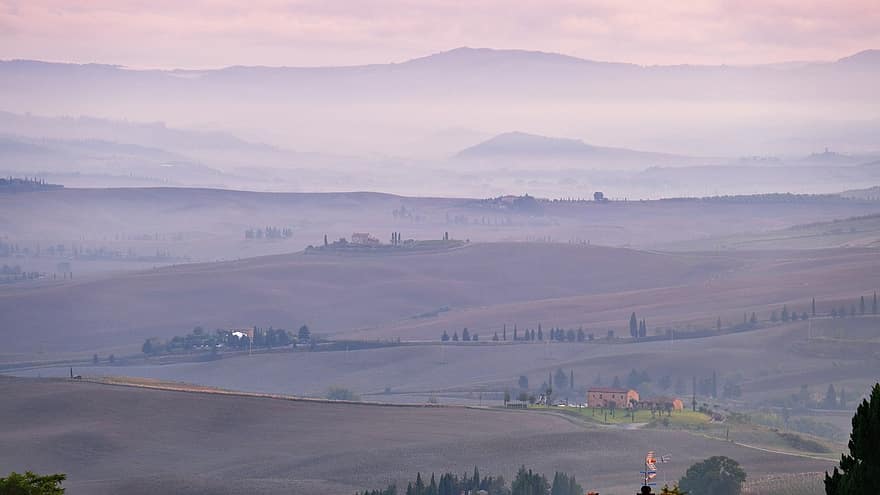 tuscany, dimma, morgon-, landskap, Italien