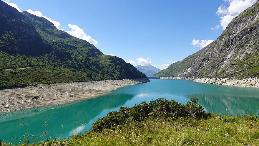 hegyek, tó, fű, homok, növények, gyomok, visszaverődés, Zervreila víztározó, Vals, Graubünden