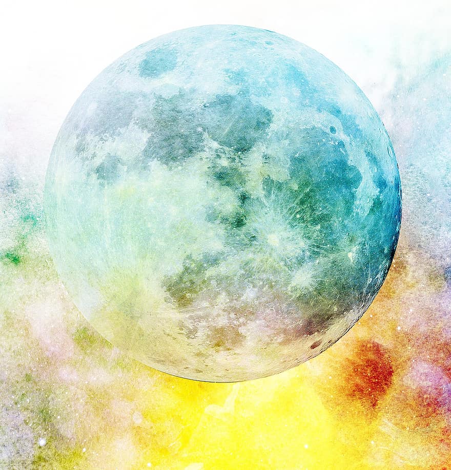 луна, акварел, лунен, фантазия, живопис, научнофантастичен, пространство, небе, жълт, облаци, пейзаж