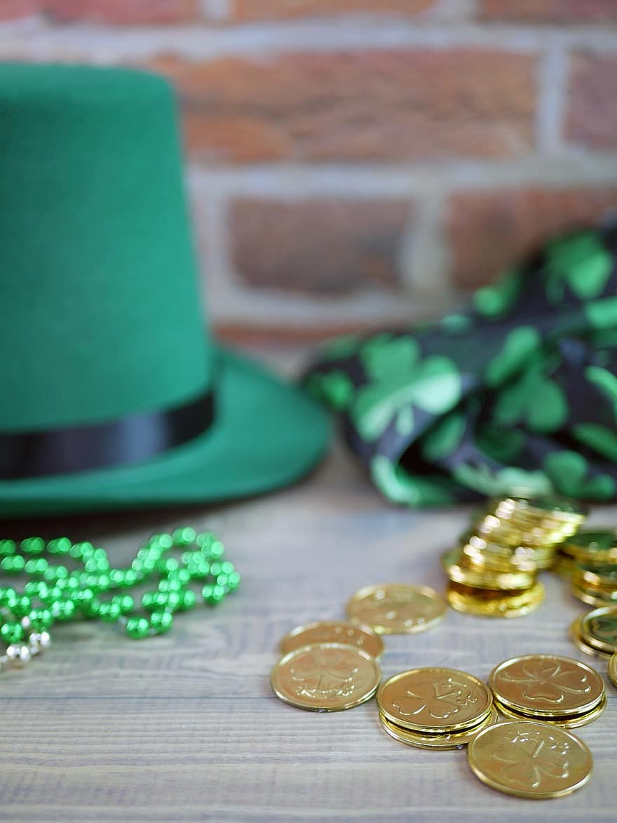 dia de São Patrick, irlandês, trevo, celebração, festa, verde, por sorte, moeda, riqueza, ouro, fechar-se