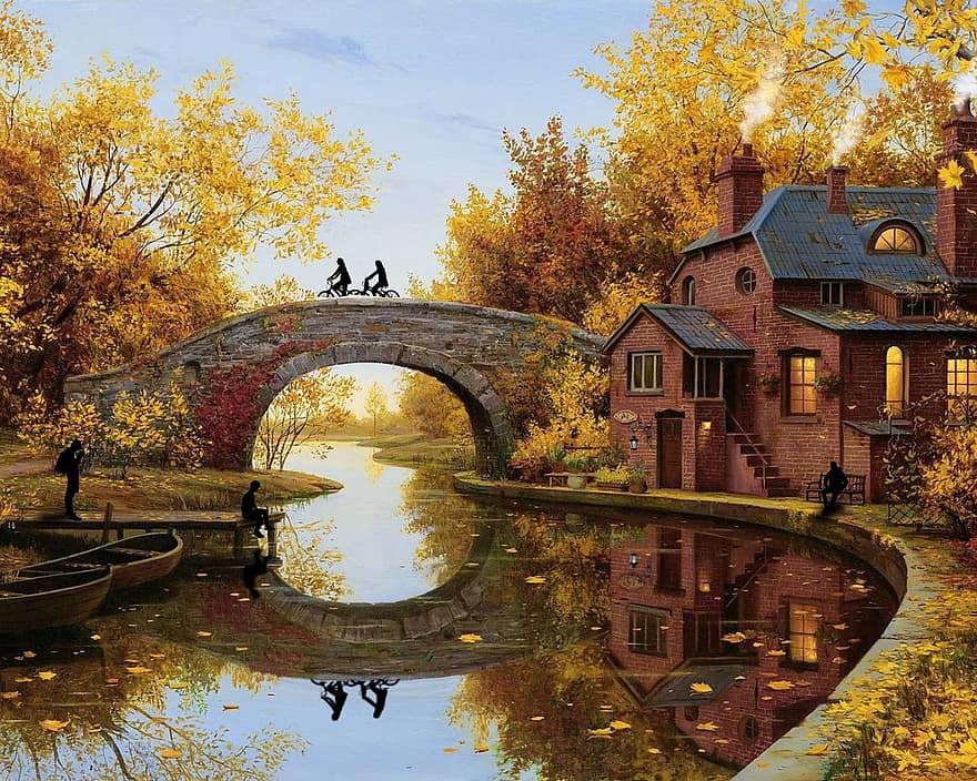 champ, pont, l'automne, des silhouettes, paysage, rivière, scénique, forêt, des arbres, ruisseau, ciel
