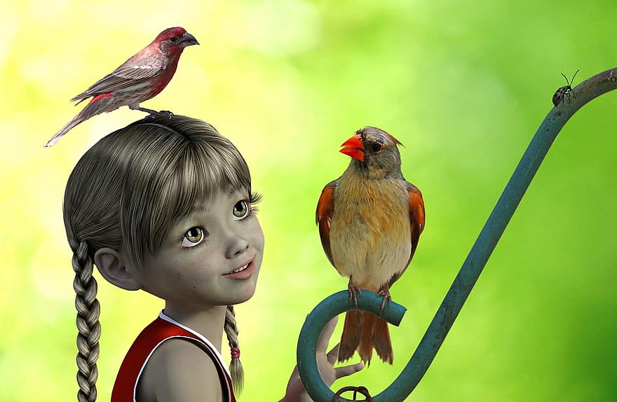 Enchanted, Child, Little Girl, Female, Cardinal, Redbird, Songbird, Finch, Beak, Perch