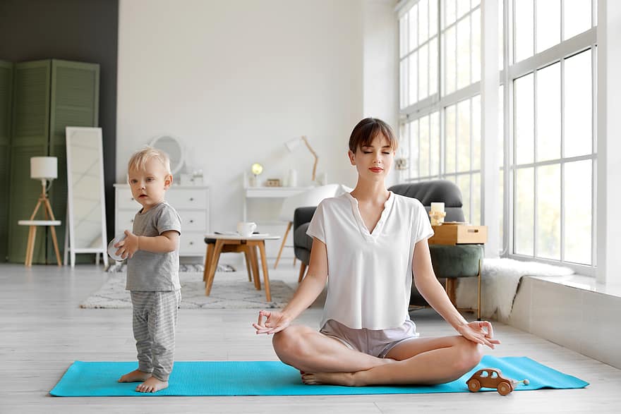 ioga, mãe, criança, exercício, família, fêmea, Diversão, mulher, pai, juntos, Treinamento