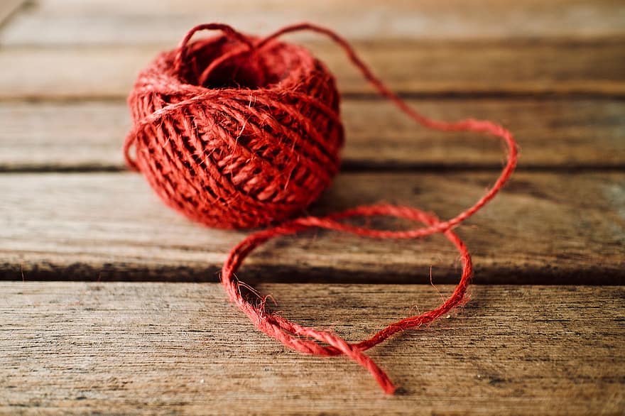 ファイバ、糸、かせ、赤い糸、ウール糸