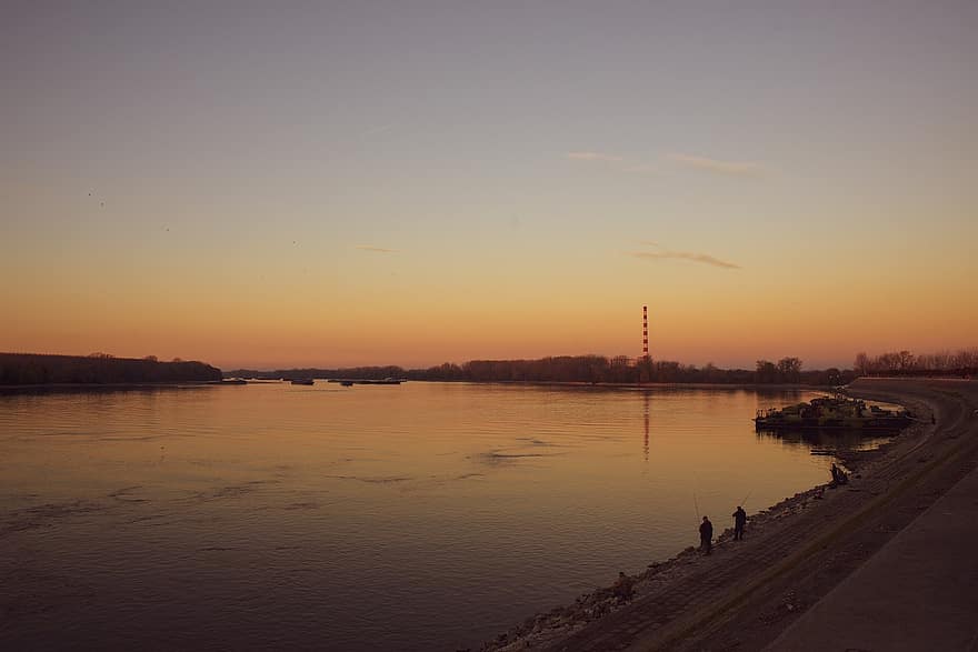 річка, захід сонця, вечірній, сутінки, сонячне світло, Дунай, Сербія, краєвид, новий сад