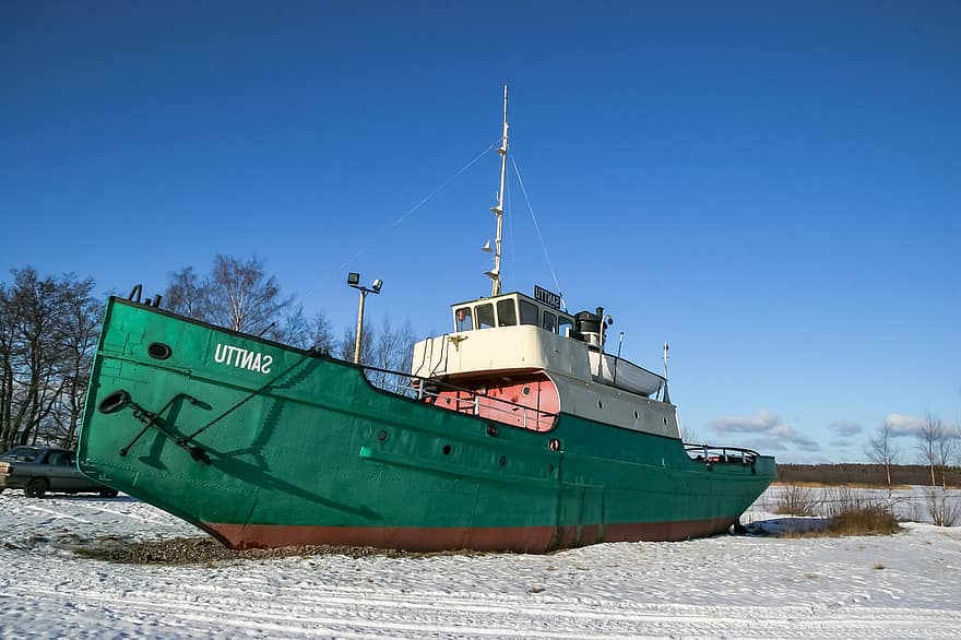 hajó, múzeum, történelmi, Kikötői vontató, dokkolt, havas eső, erdő, Finnország, szállítás, kék, téli