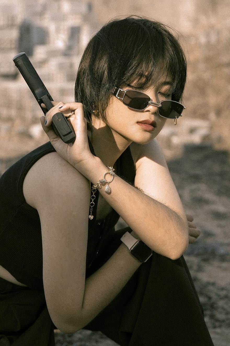 vrouw, model-, geweer