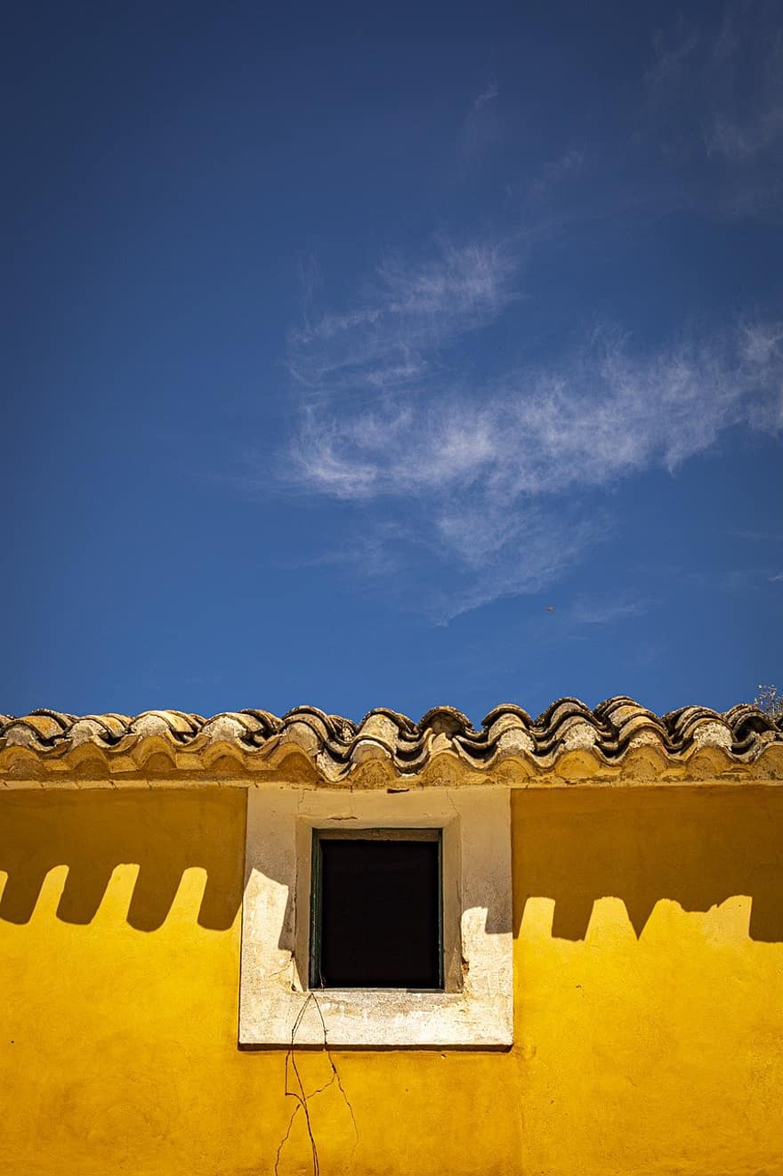 casa, cobertura, construção, arquitetura, velho, telhas, tradicional, amarelo, azul, céu, nuvens