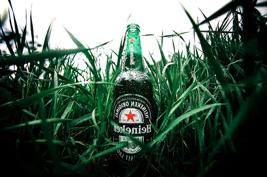 ビール、ボトル、緑、草、水滴