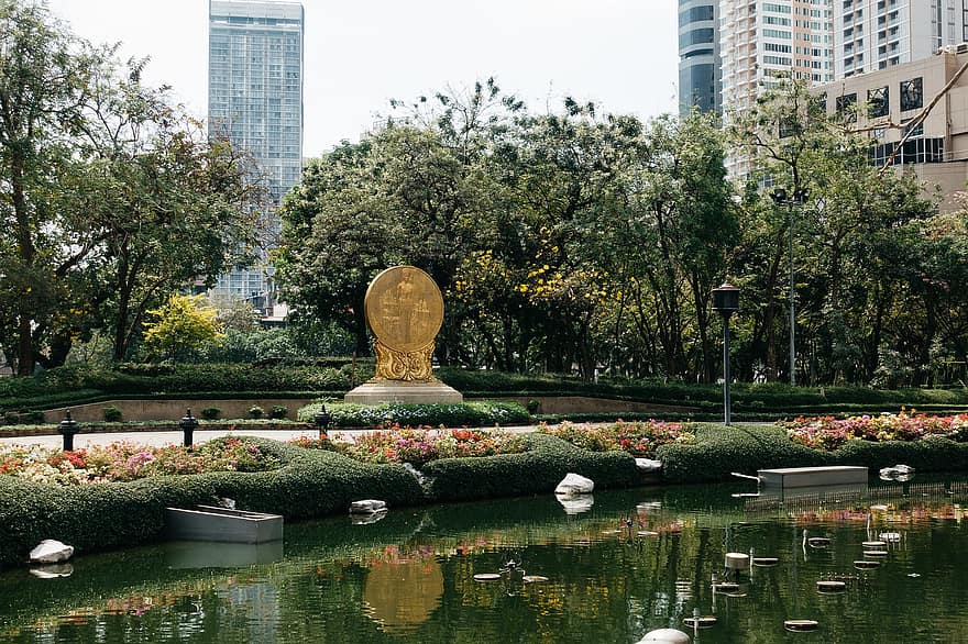 kota, kolam, taman, Arsitektur, bangunan, urban, Cityscape, Bangkok, gedung pencakar langit, pusat kota, danau