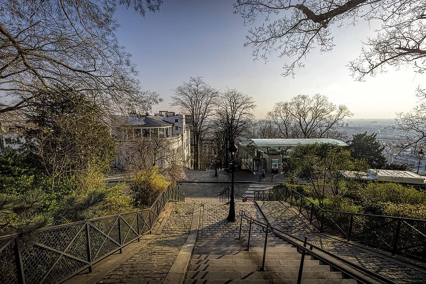 Staircase, Trees, Street, Urban, City, Montmartre, Paris