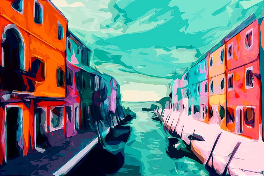 burano, Venetië, Italië, kanaal, water, straat, thuis, stad, het pittoreske, hemel, wolken