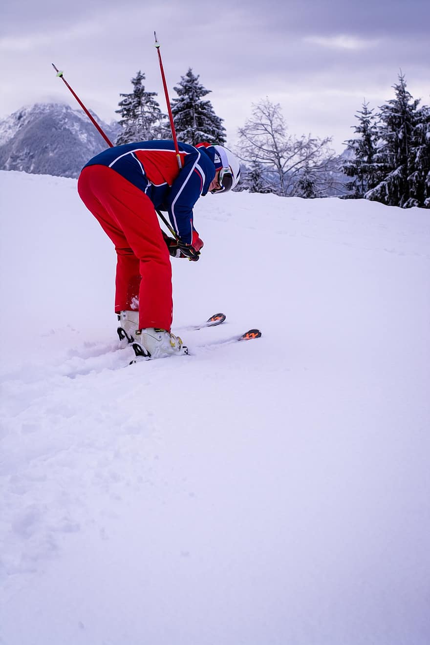 скиор, ски, зима, сняг, спортен, хоби, мъж, сезон, свободно време, спорт, екстремни спортове